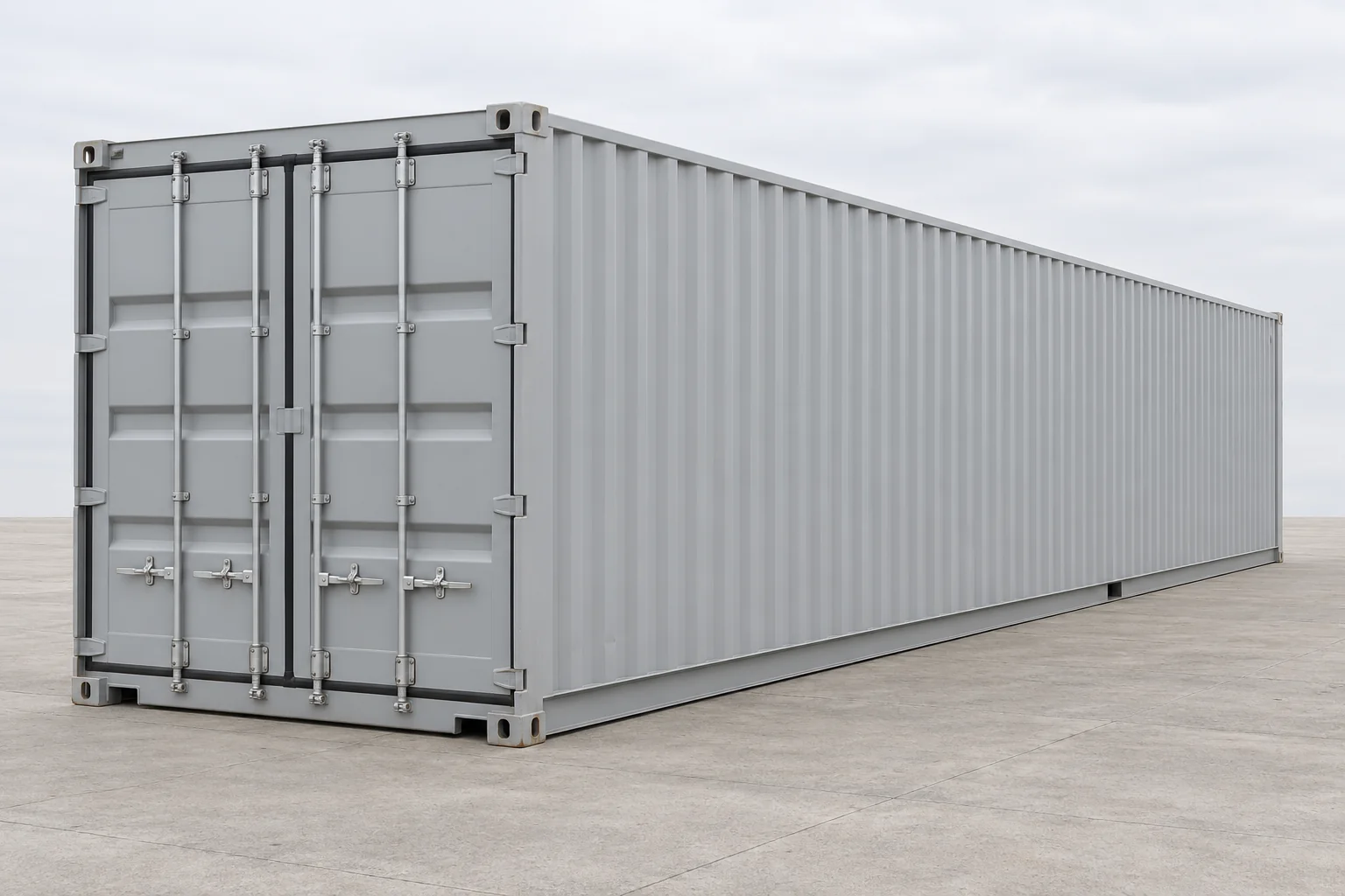 Illustration of a standard-height 40ft one-trip container with a long, lightly marked painted exterior.