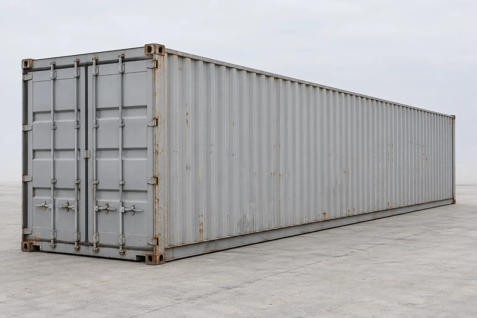 Illustration of a standard-height used 40ft container showing wear along its long painted body.