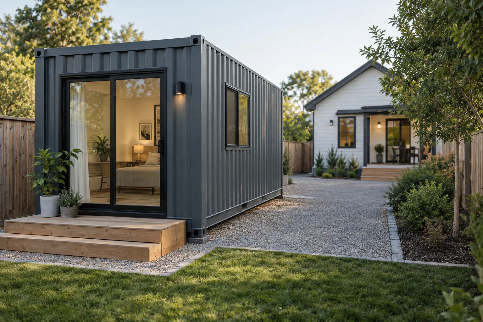 Small container dwelling in a residential backyard with the main house in the background.