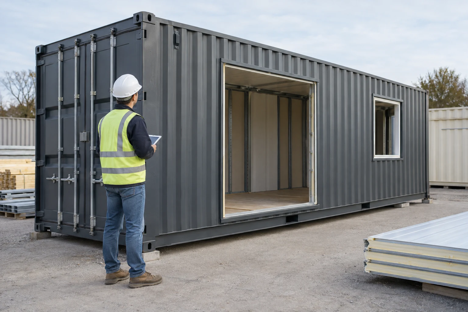 Builder inspecting a container conversion at an organized construction site.