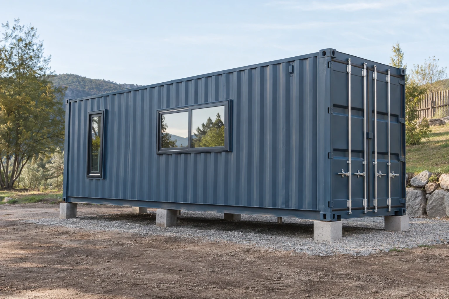 Container shell on foundation supports at a prepared building site.