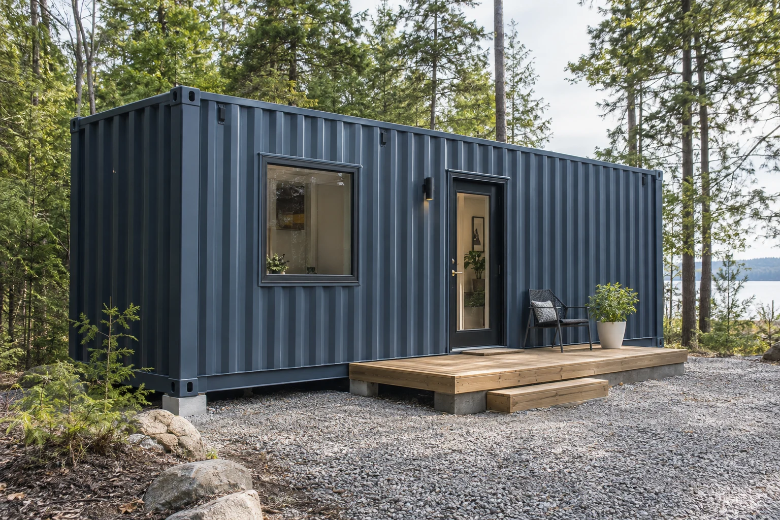 Compact container cabin with a small deck beside a wooded site.