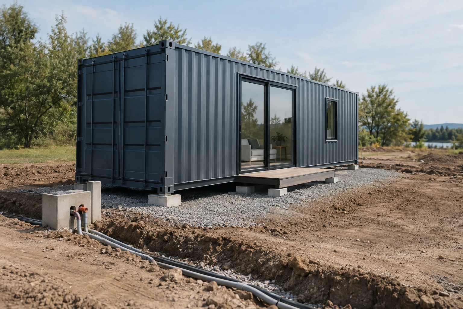 Container home beside a prepared access area and unfinished site work.