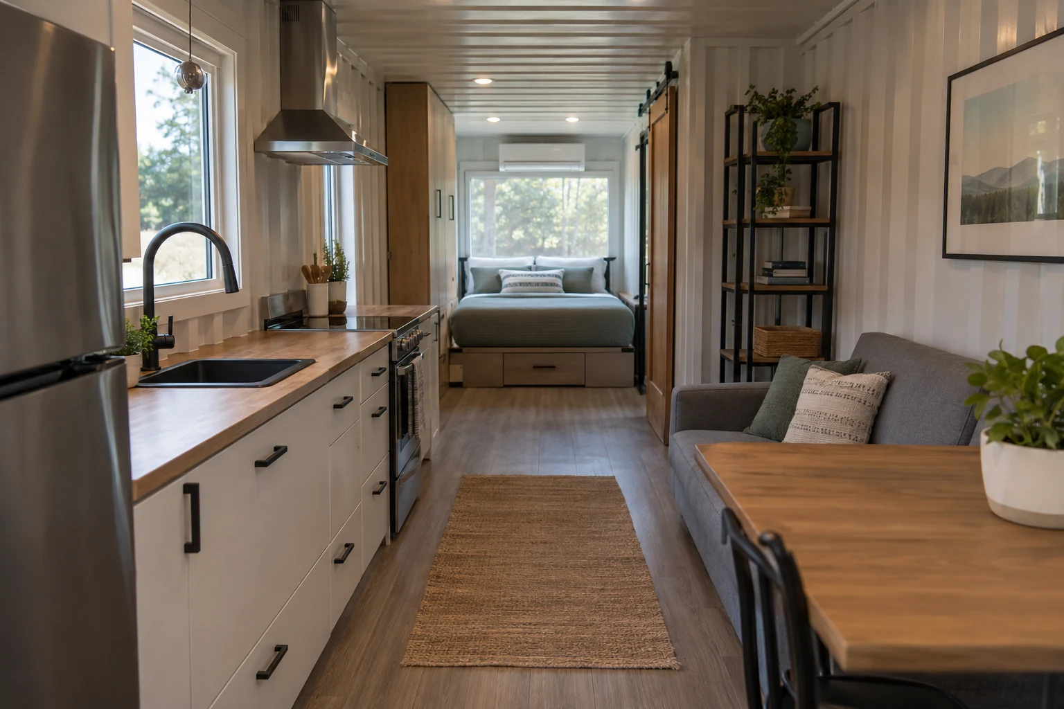 Compact container home interior showing the kitchen, seating, storage and circulation space.