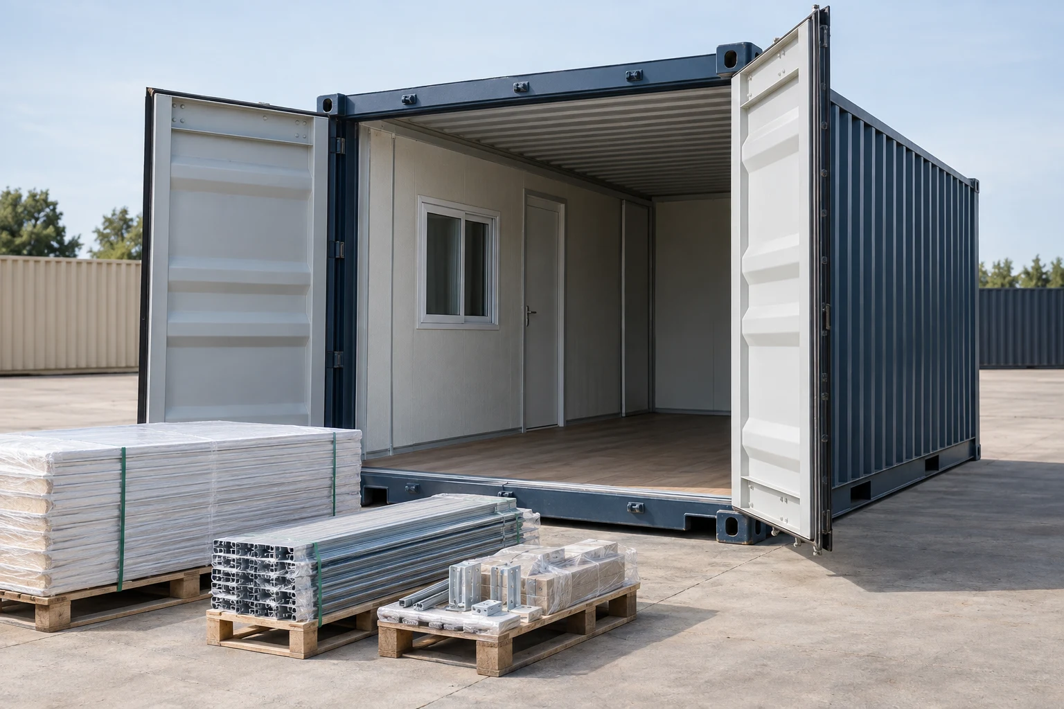Partly fitted container shell with organized assembly components nearby.