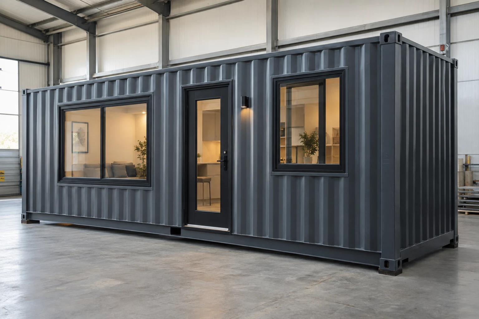 Factory-finished container dwelling standing inside a clean workshop.