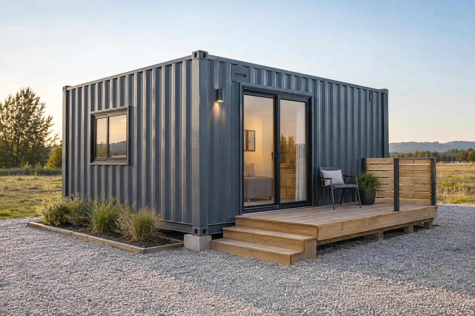 Compact container home with corrugated steel siding and a small entry deck.