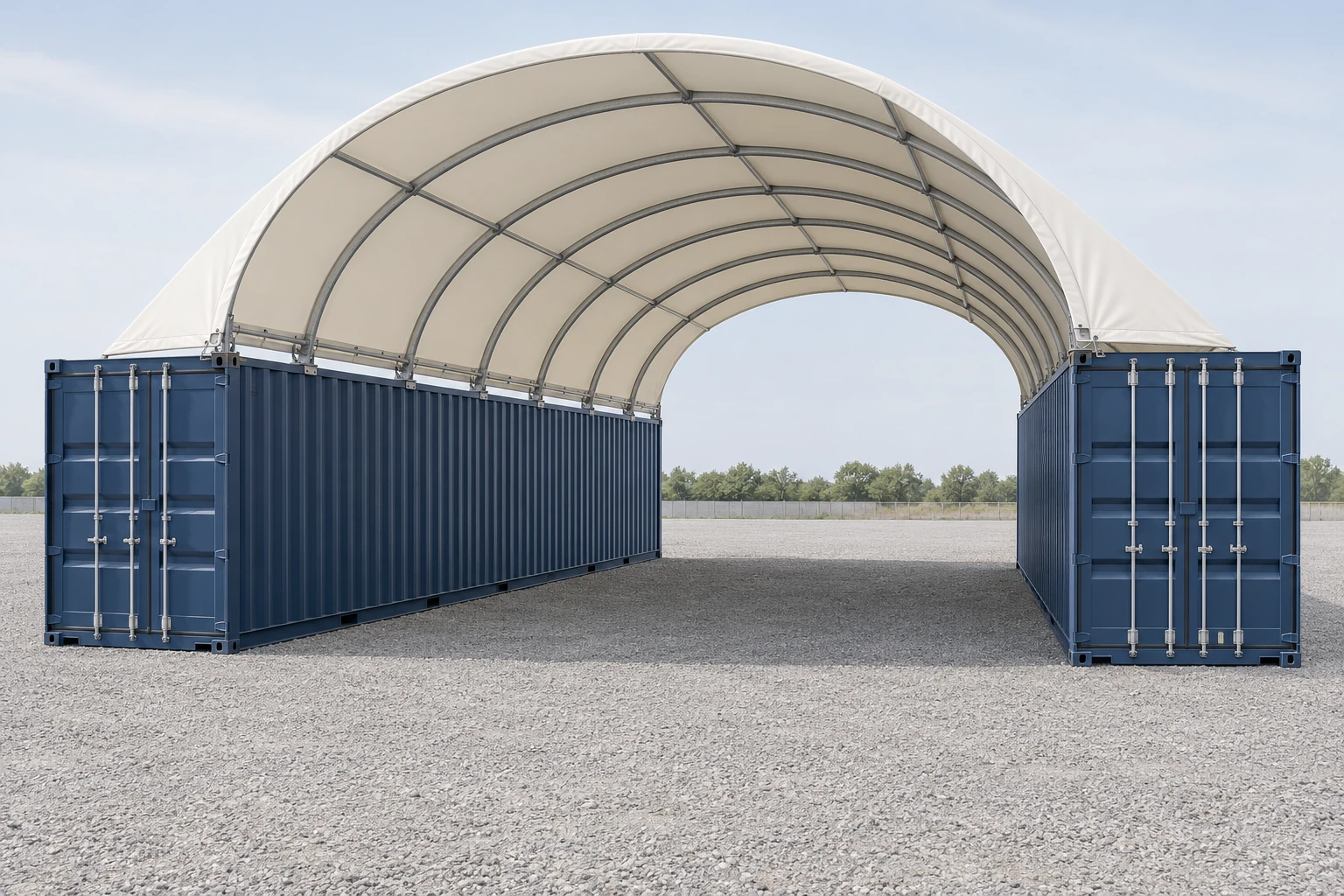Original realistic concept illustration of an open fabric roof spanning two parallel navy shipping containers on a level yard.