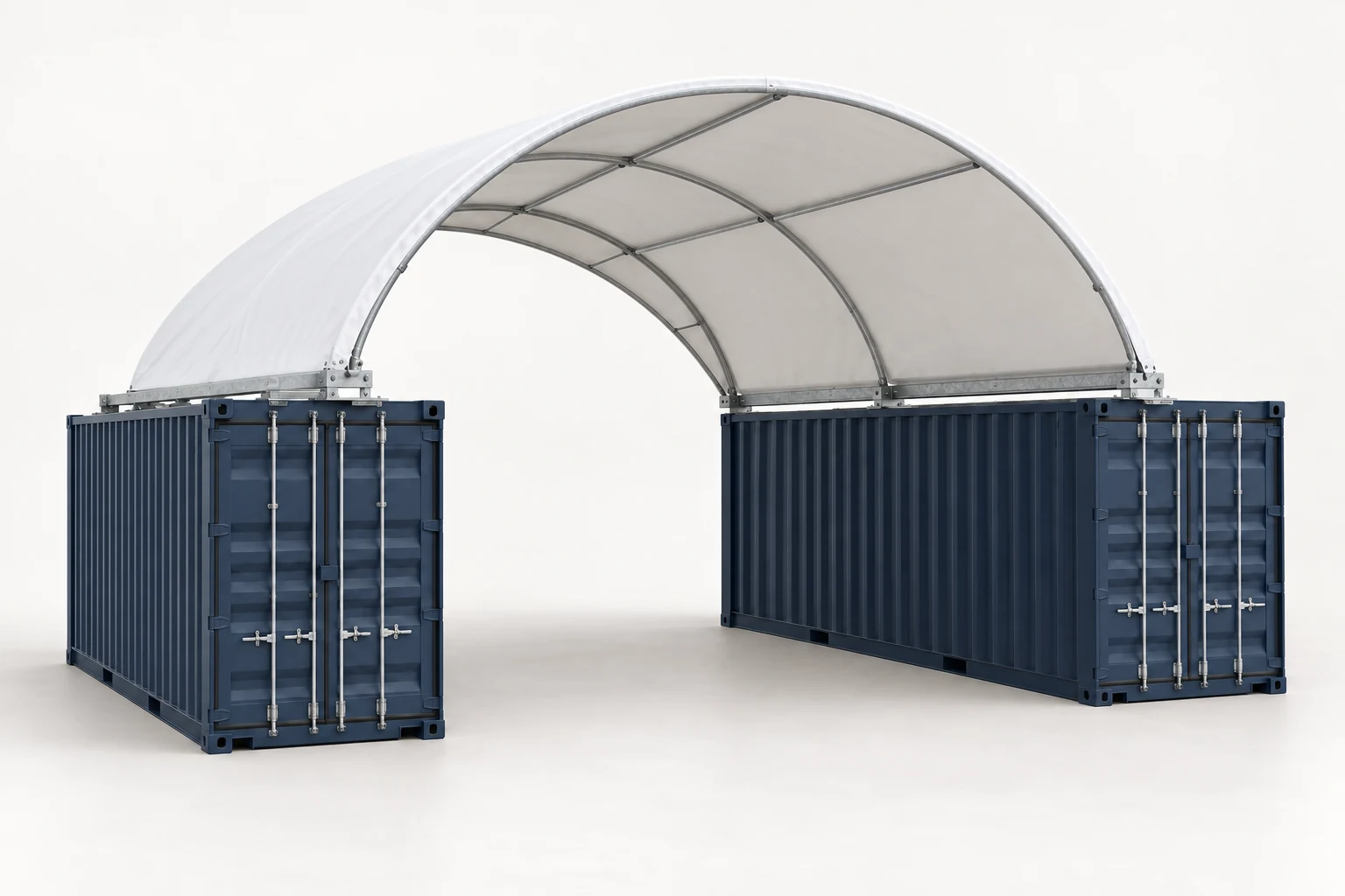 Original studio concept rendering of a white PE container-supported shelter, with a simple arched frame.