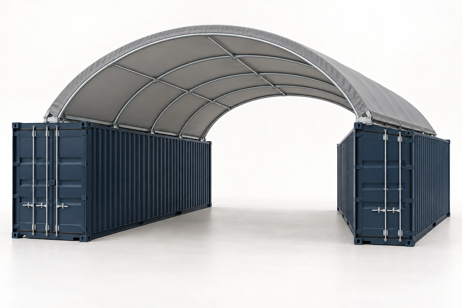 Original studio concept rendering of a gray PVC container-supported shelter, with a simple arched frame.