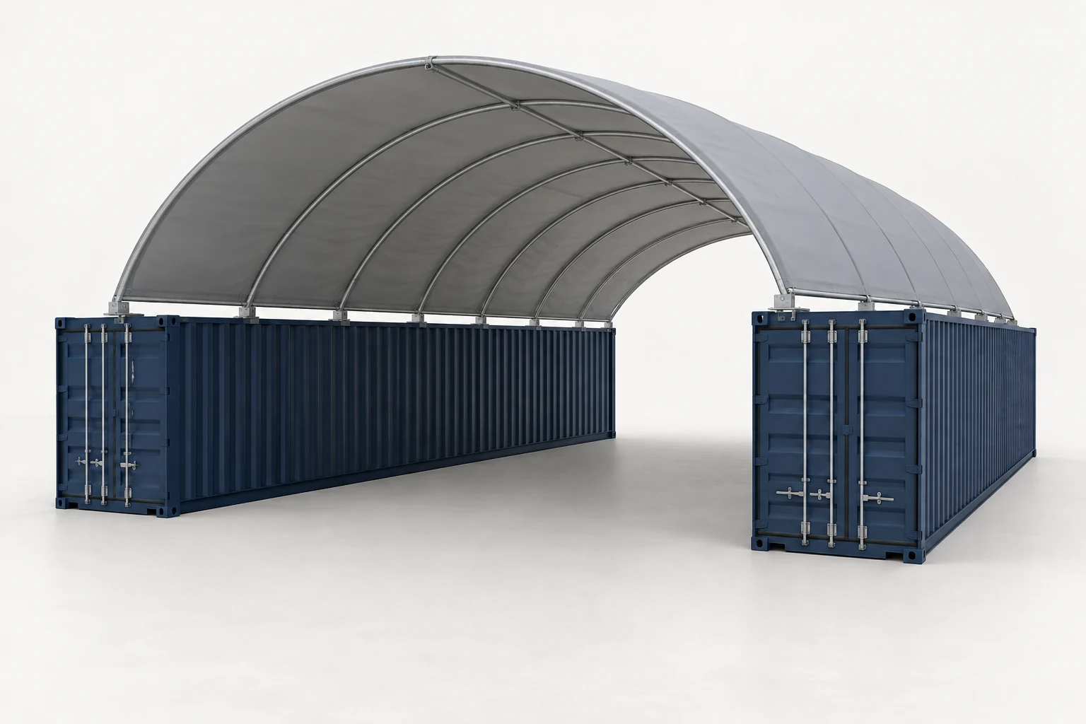 Original studio concept rendering of a gray PVC container-supported shelter, with a simple arched frame.