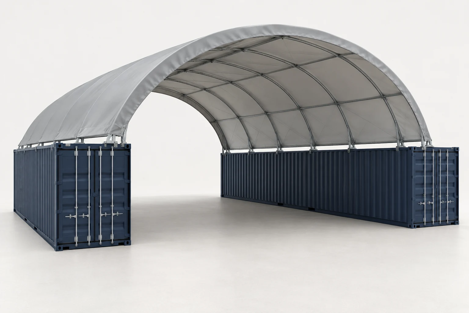 Original studio concept rendering of a gray PVC container-supported shelter, with a simple arched frame.
