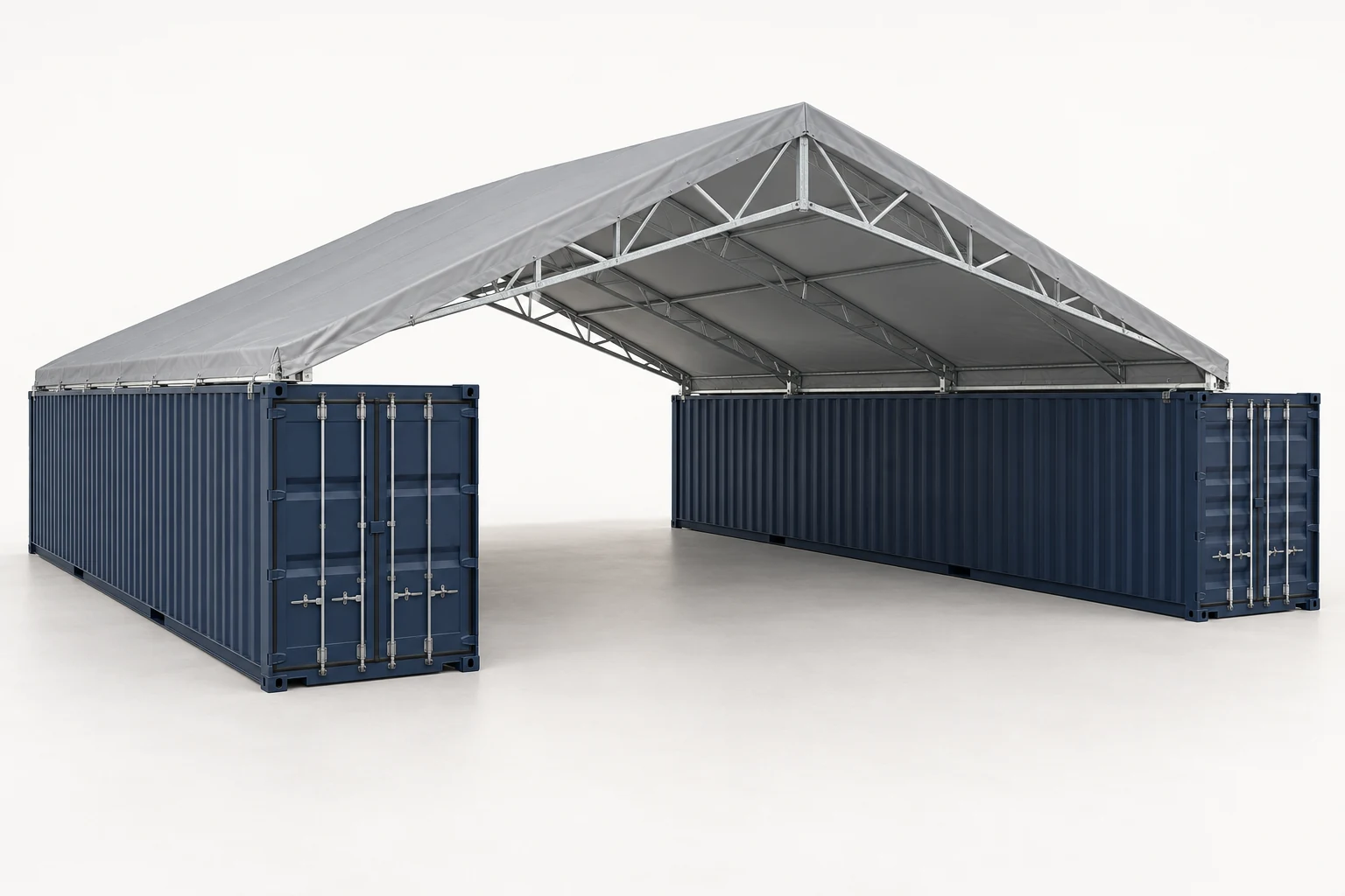Original studio concept rendering of a gray PVC container-supported shelter, with a peaked double truss roof.
