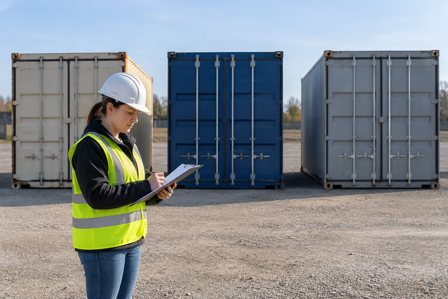 A receiving coordinator checks an order sheet beside three shipping containers with closed cargo doors.