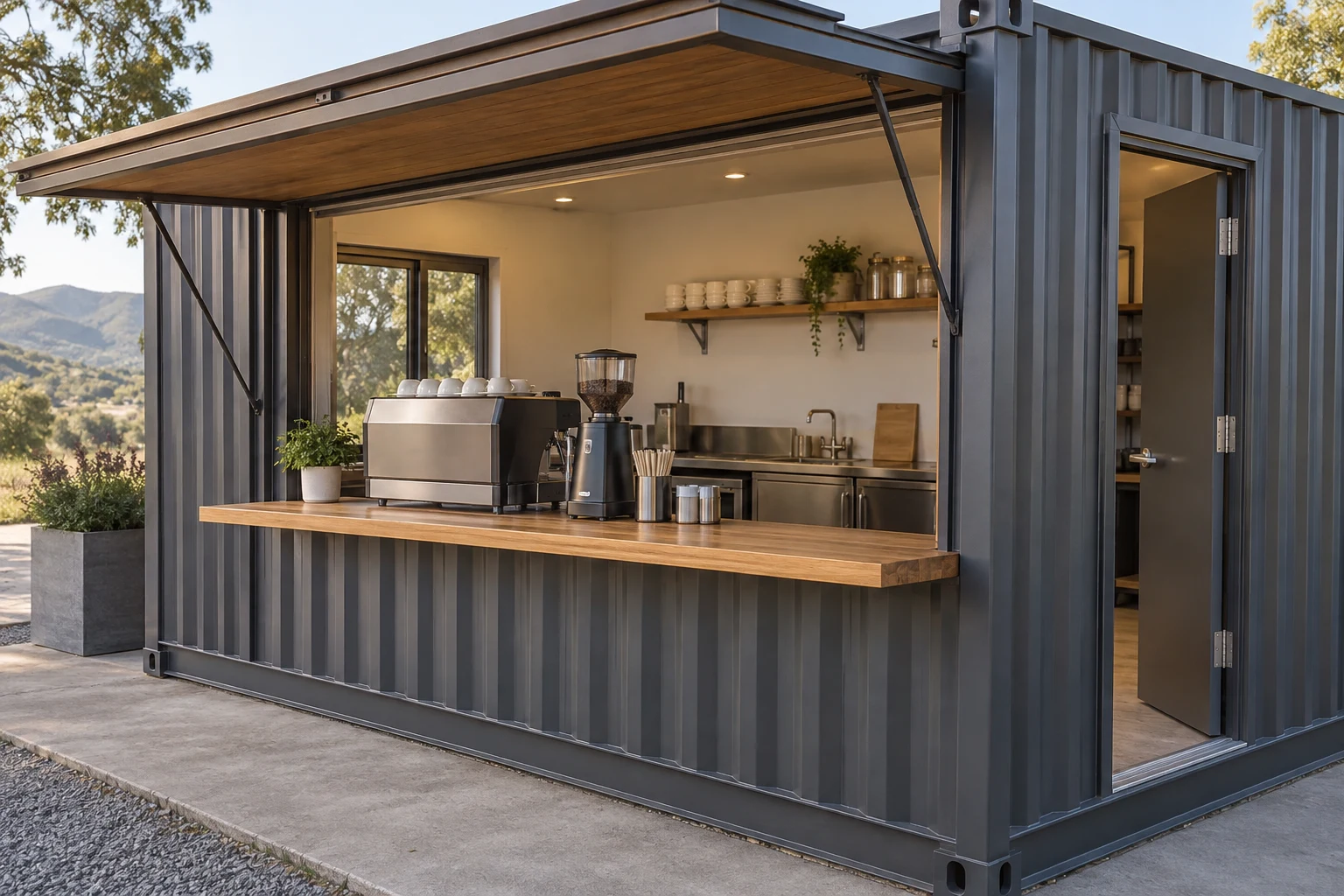 Illustration of a container coffee shop with a serving hatch and a coffee preparation counter.