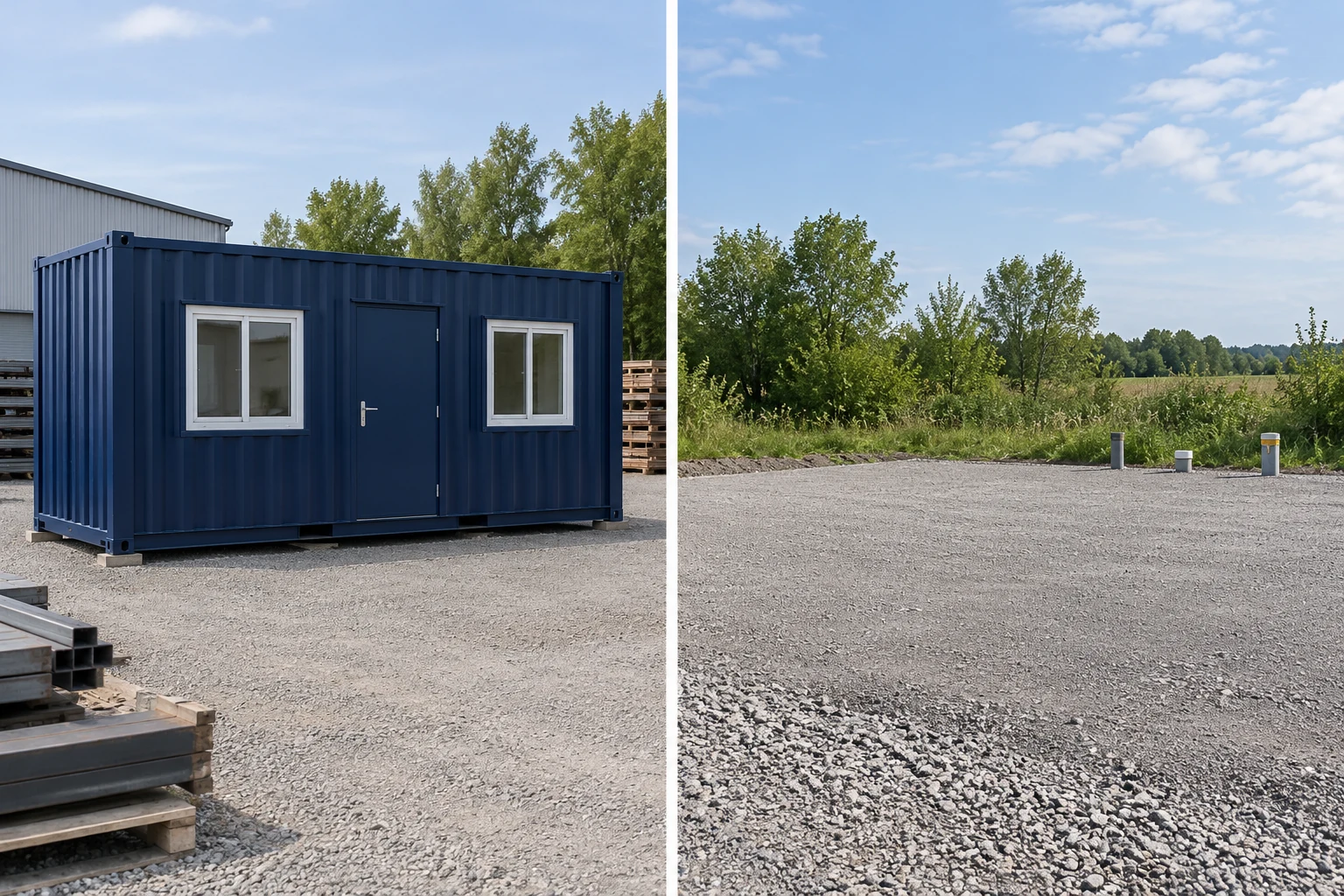 Illustration of a finished container office and a separate site awaiting placement and utility connections.