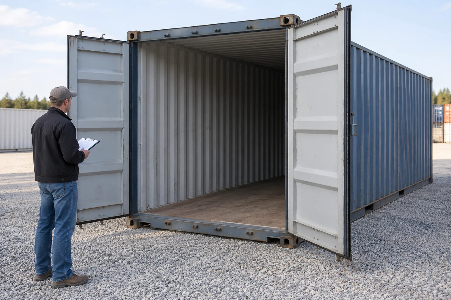 Illustration of an open shipping container with visible door seals and floor during a condition review.