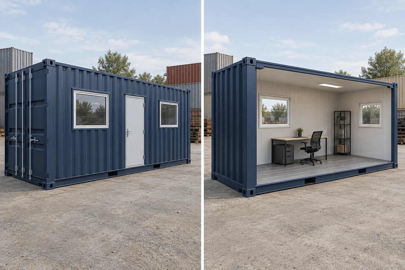 Illustration comparing a modified container shell with a finished container workspace.