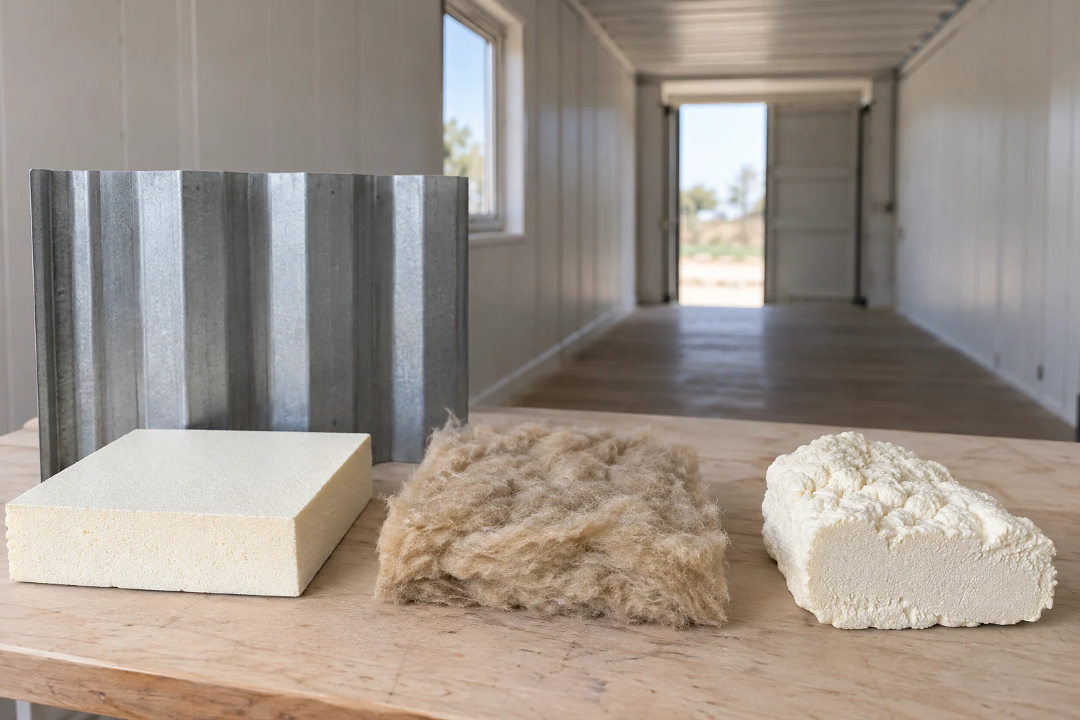 Illustration of insulation material samples beside a steel panel and a lined shipping container interior.