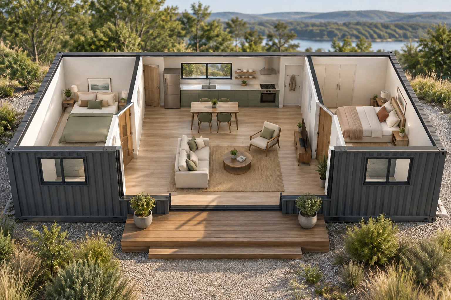 Concept illustration of two separate bedrooms connected to a shared kitchen and living area.