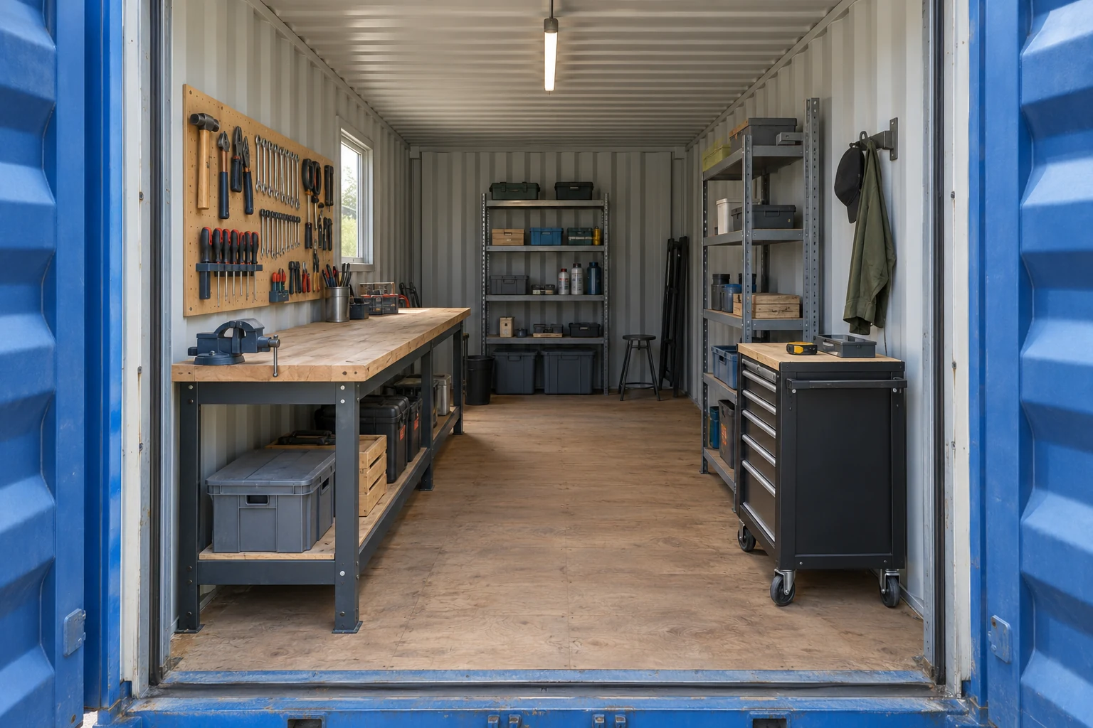 Illustration of a shipping container workshop with a workbench, tool storage, and an open work area.