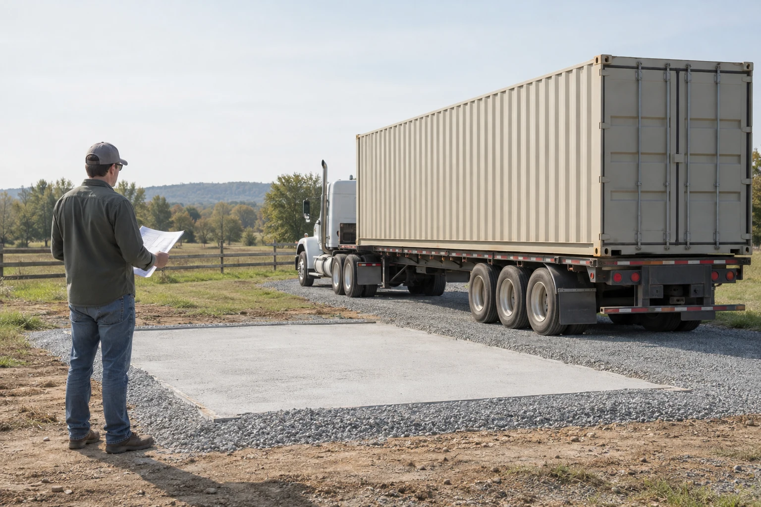 Illustrative delivery planning beside a shipping container truck.