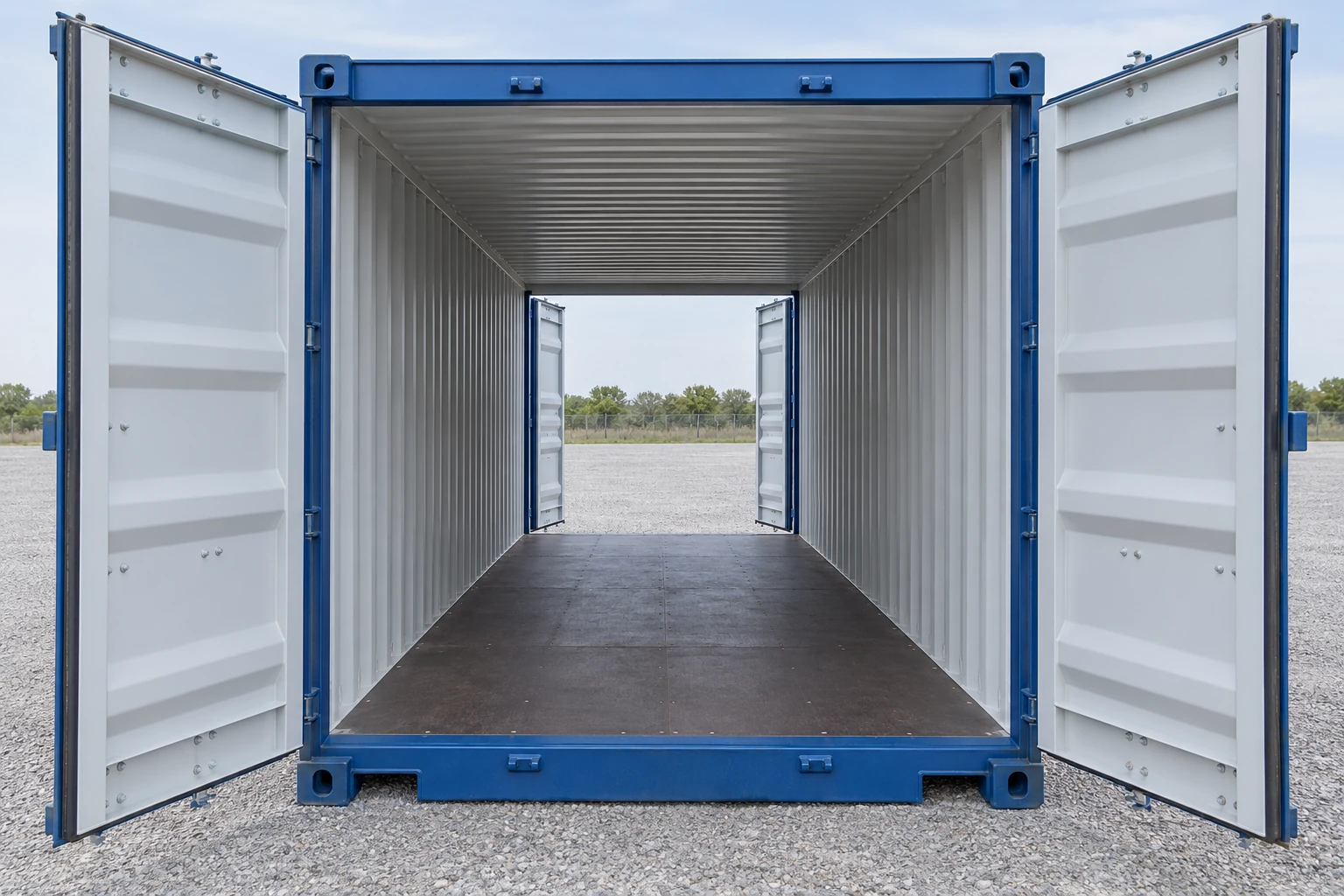 Illustration looking through a blue double-door shipping container with cargo doors open at both ends and solid side walls.