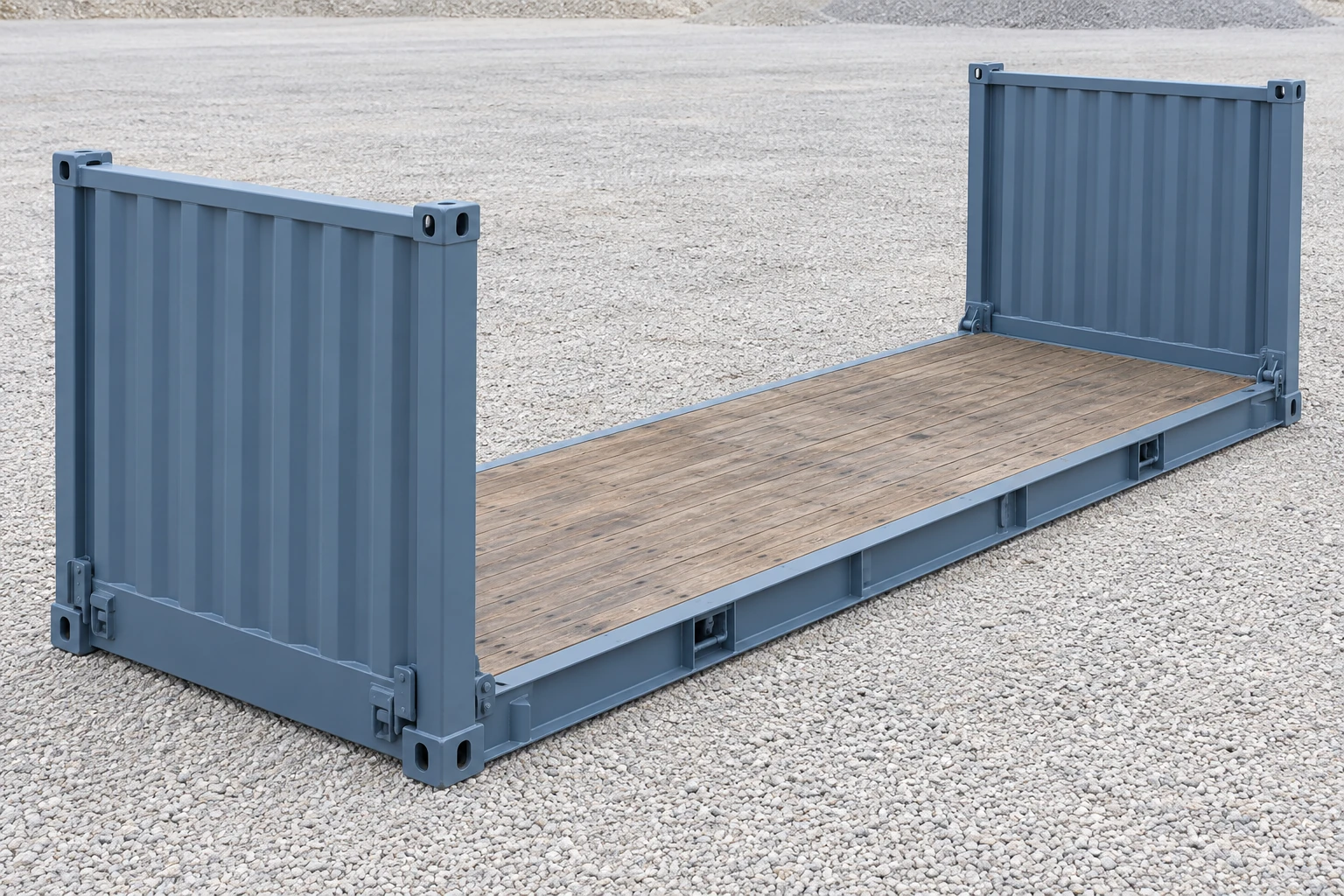 Illustration of an empty flat rack container with raised end frames, an exposed deck and open long sides.