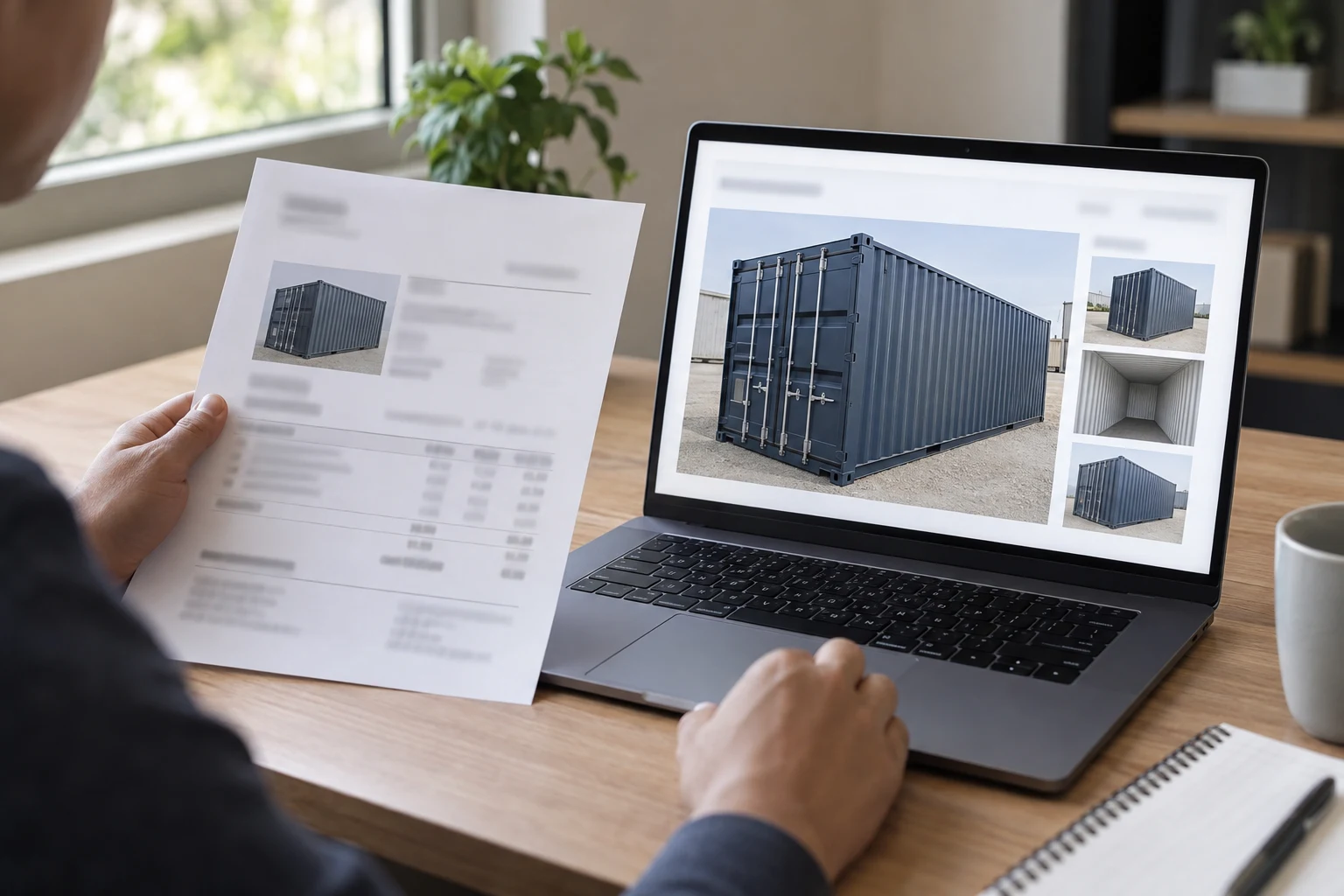 Illustrative review of a container listing, invoice and unit photos.