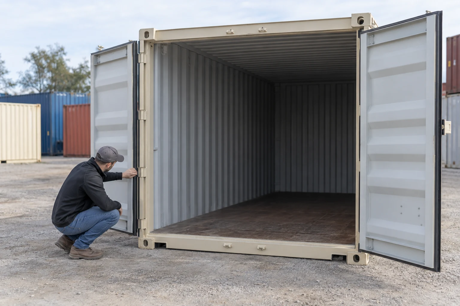 Illustrative view of a buyer inspecting an open shipping container.