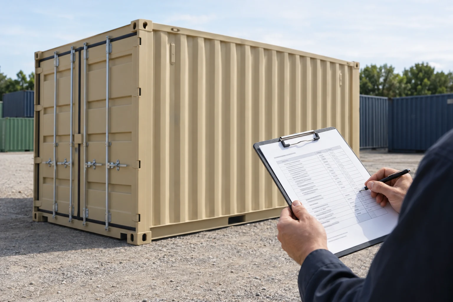Illustrative purchase worksheet beside a shipping container.