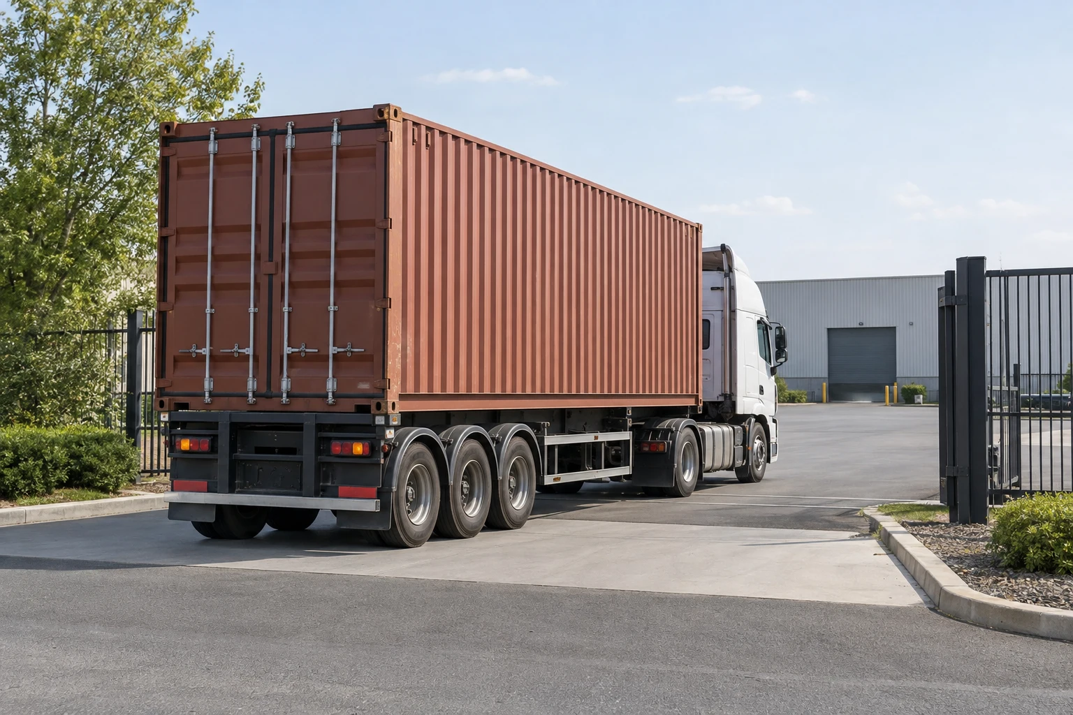 Illustrative truck transport of a shipping container near a site entrance.
