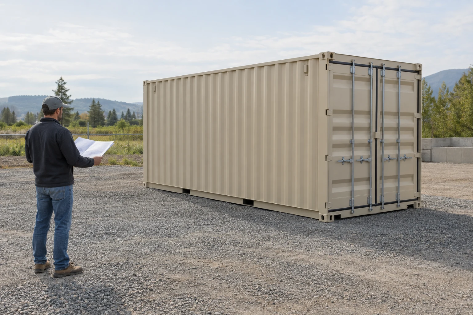 Illustrative view of a person reviewing a site plan beside a shipping container.