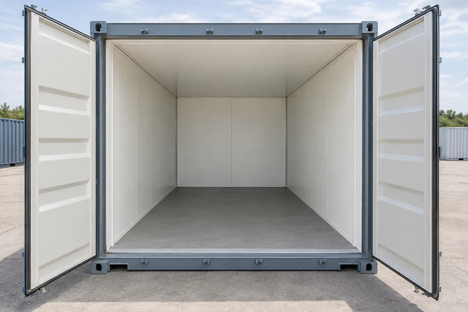 Illustration of an empty insulated shipping container with open cargo doors, lined walls and ceiling.