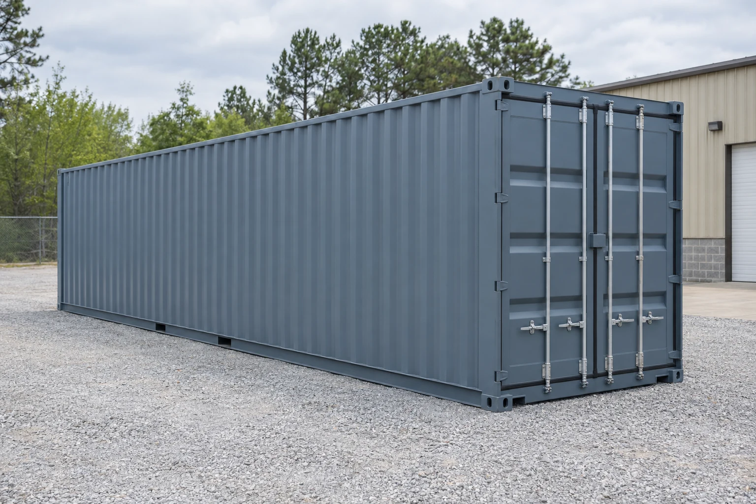 Photorealistic illustration of one clean 40ft shipping container on a prepared commercial pad in a fictional setting inspired by Huntsville, Alabama.