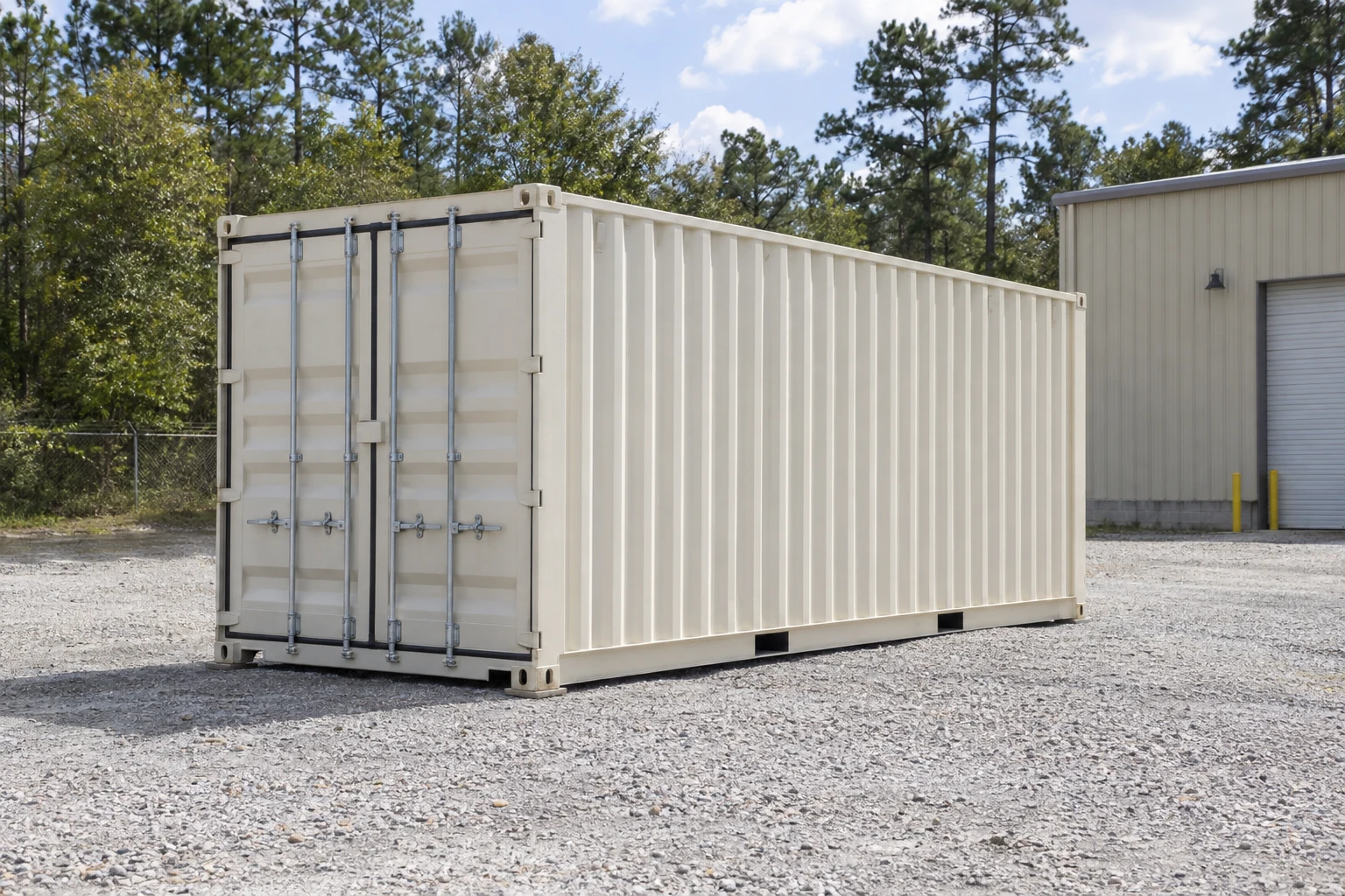 Photorealistic illustration of one clean 20ft shipping container on a prepared commercial pad in a fictional setting inspired by Mobile, Alabama.