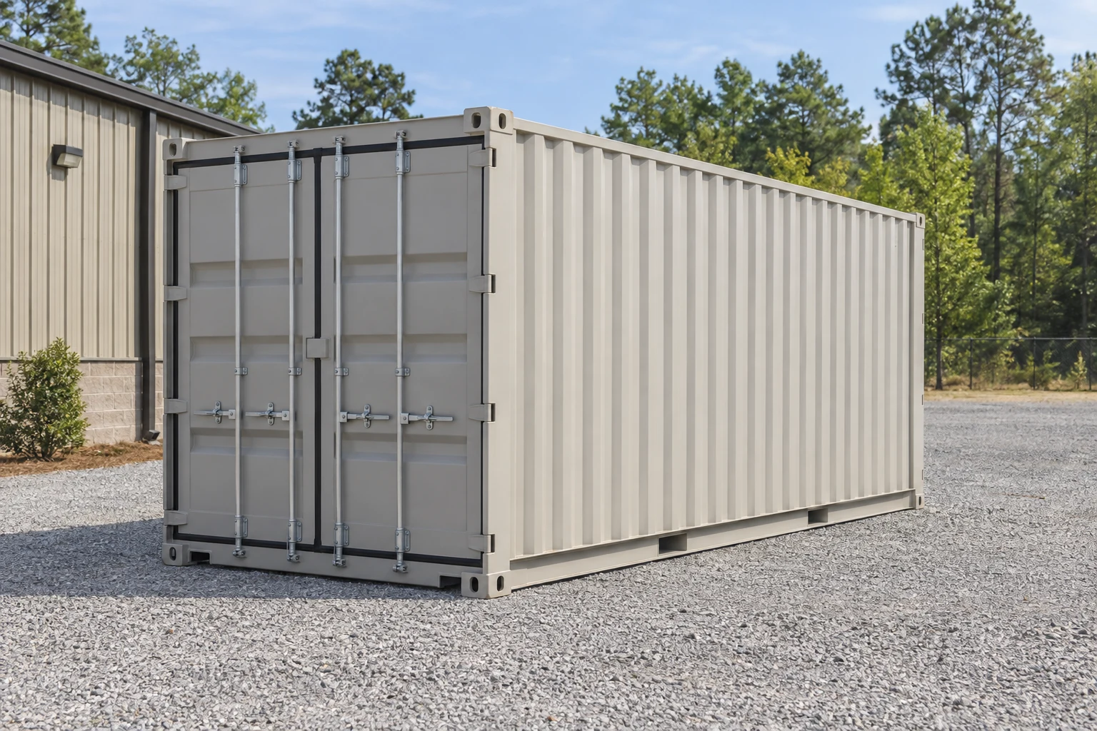 Photorealistic illustration of one clean 20ft shipping container on a prepared commercial pad in a fictional setting inspired by Alabama.