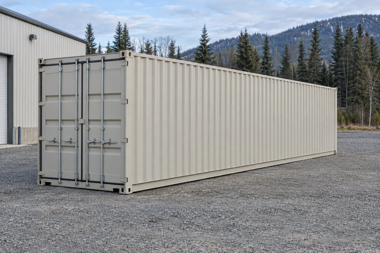 Photorealistic illustration of one clean 40ft shipping container on a prepared commercial pad in a fictional setting inspired by Anchorage, Alaska.