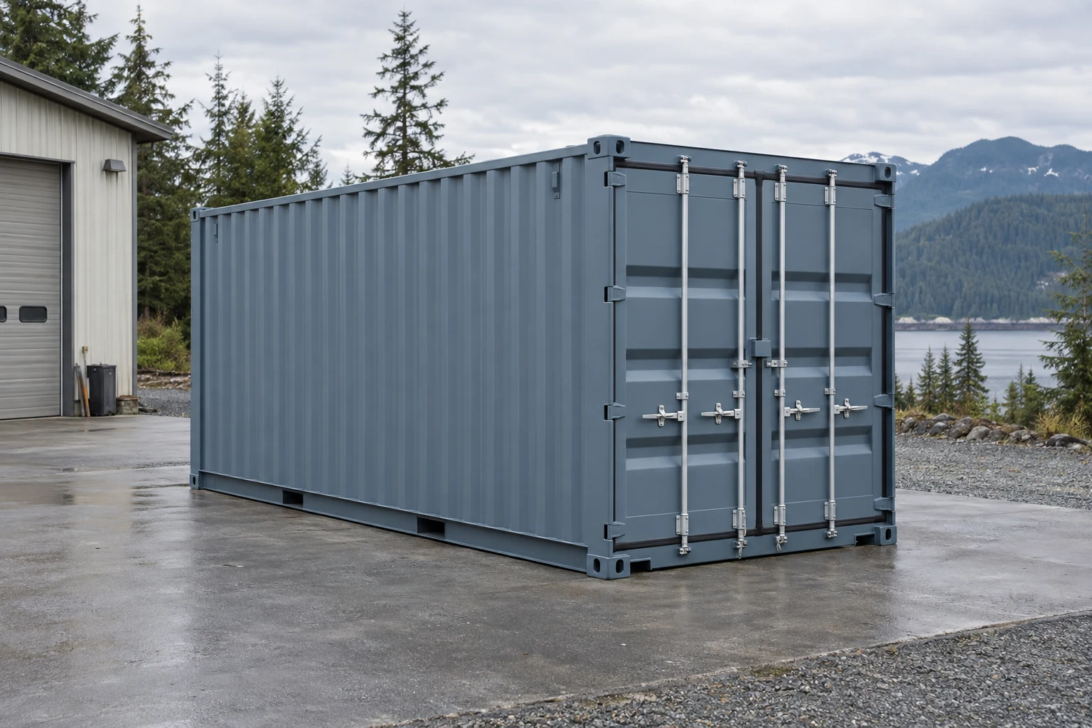 Photorealistic illustration of one clean 20ft shipping container on a prepared commercial pad in a fictional setting inspired by Juneau, Alaska.