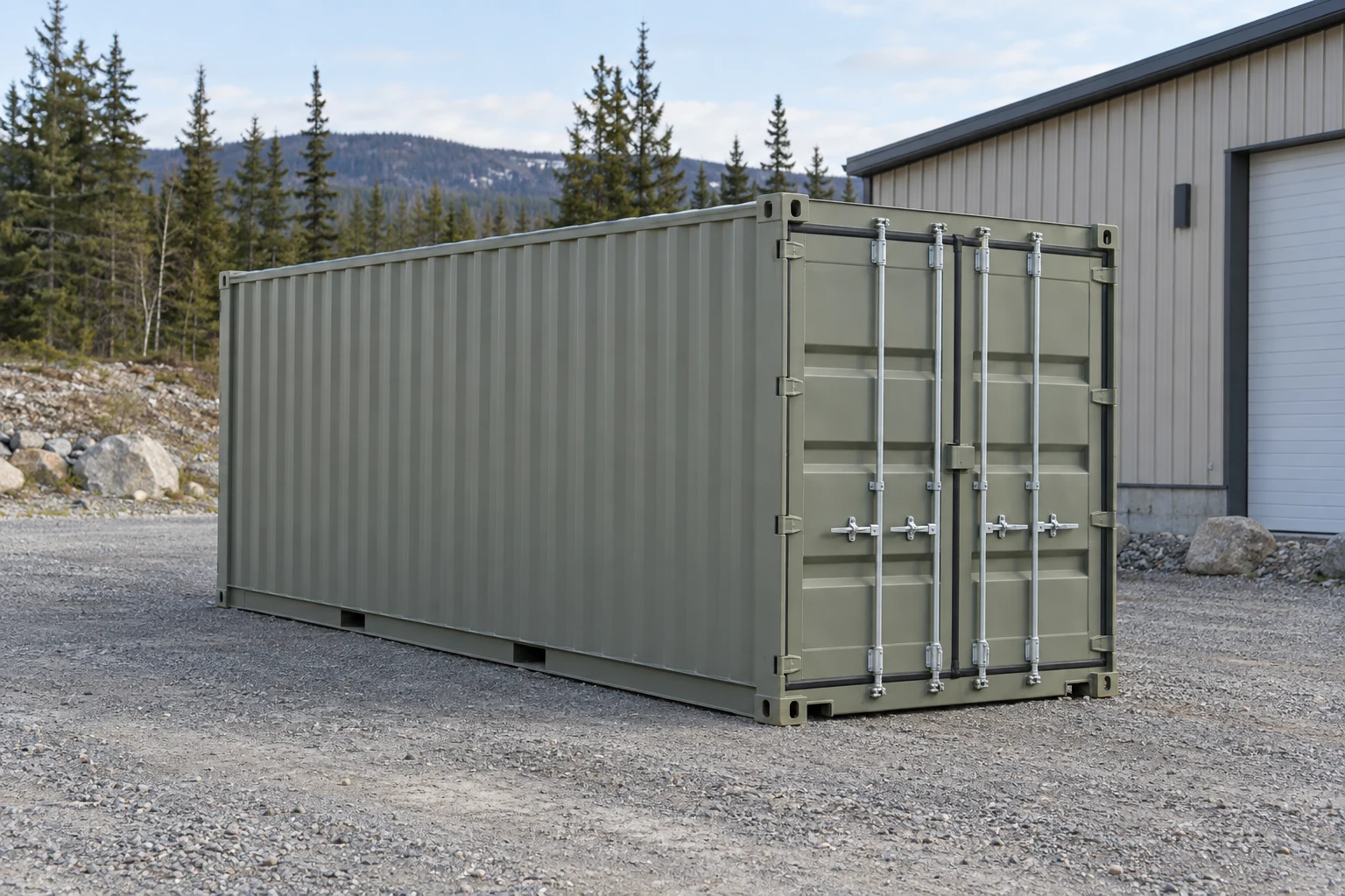 Photorealistic illustration of one clean 20ft shipping container on a prepared commercial pad in a fictional setting inspired by Alaska.
