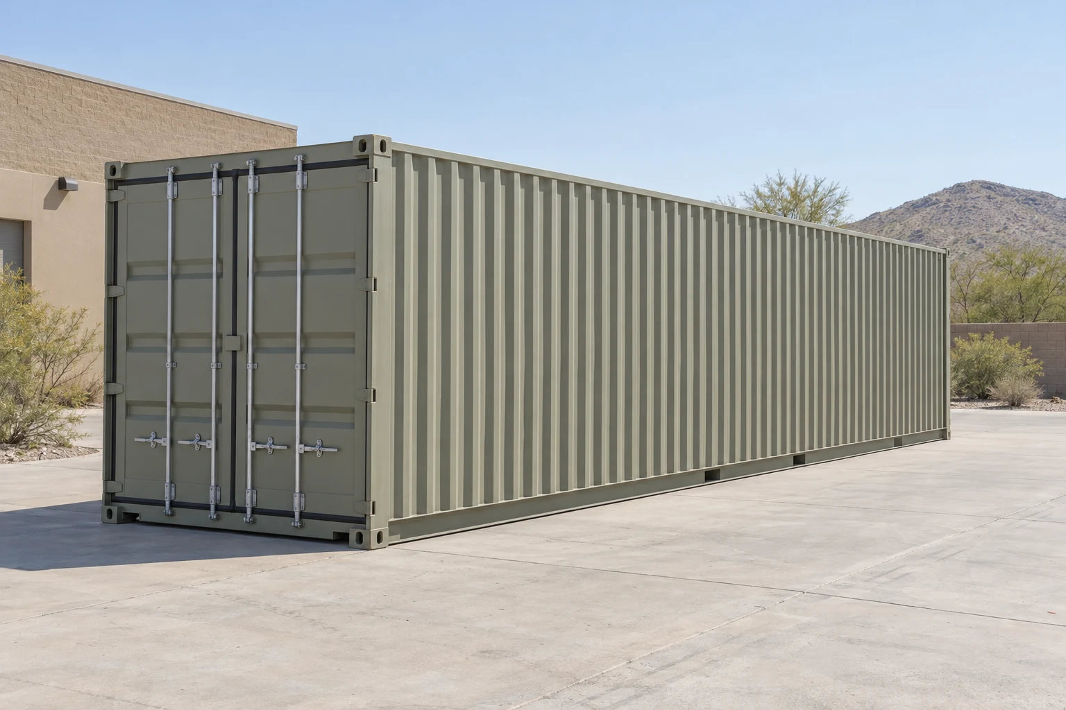 Photorealistic illustration of one clean 40ft shipping container on a prepared commercial pad in a fictional setting inspired by Phoenix, Arizona.