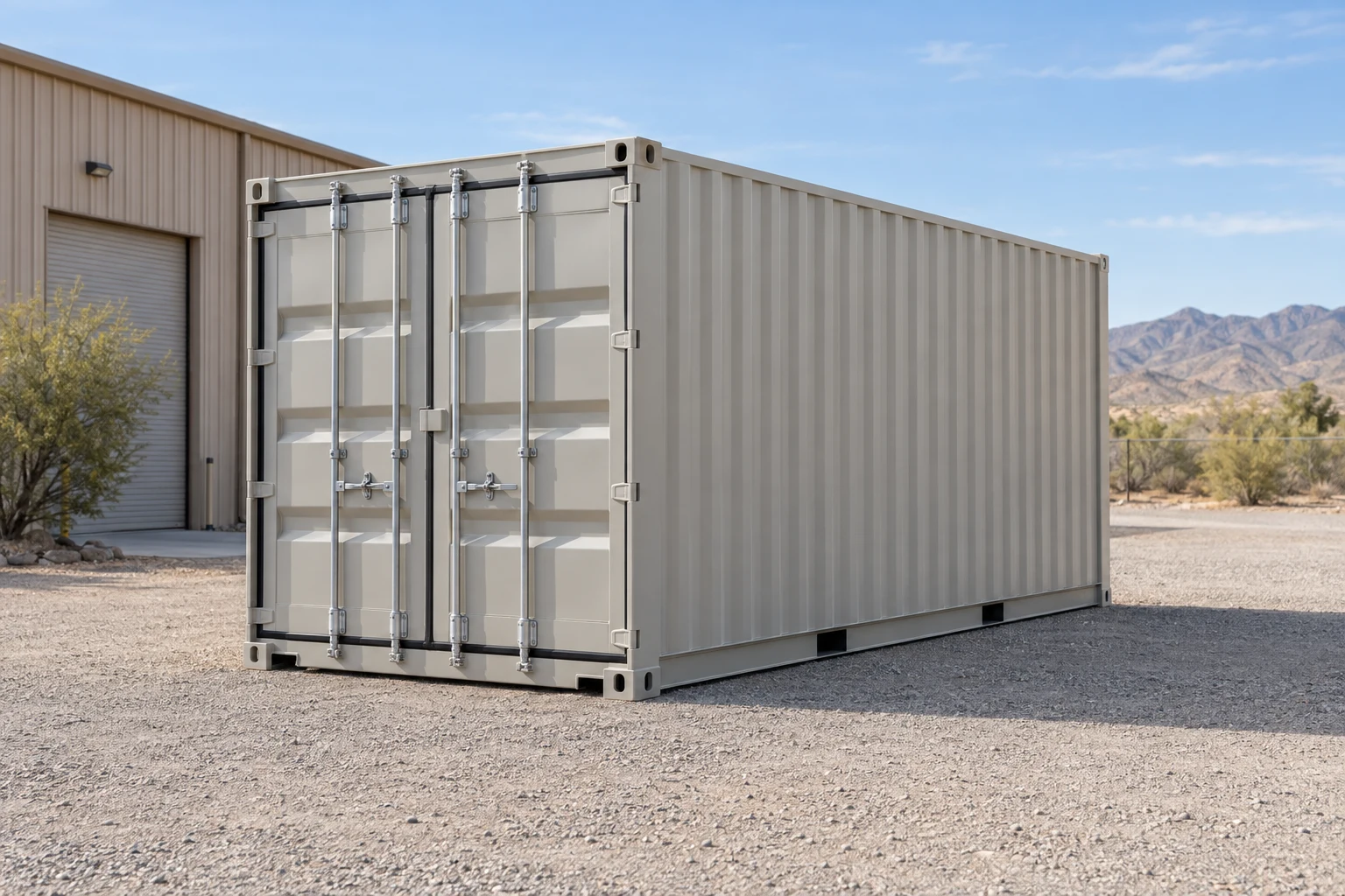 Photorealistic illustration of one clean 20ft shipping container on a prepared commercial pad in a fictional setting inspired by Tucson, Arizona.