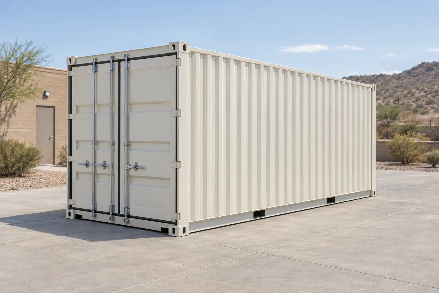 Photorealistic illustration of one clean 20ft shipping container on a prepared commercial pad in a fictional setting inspired by Arizona.