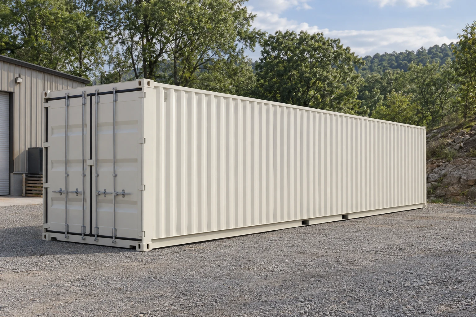 Photorealistic illustration of one clean 40ft shipping container on a prepared commercial pad in a fictional setting inspired by Fayetteville, Arkansas.