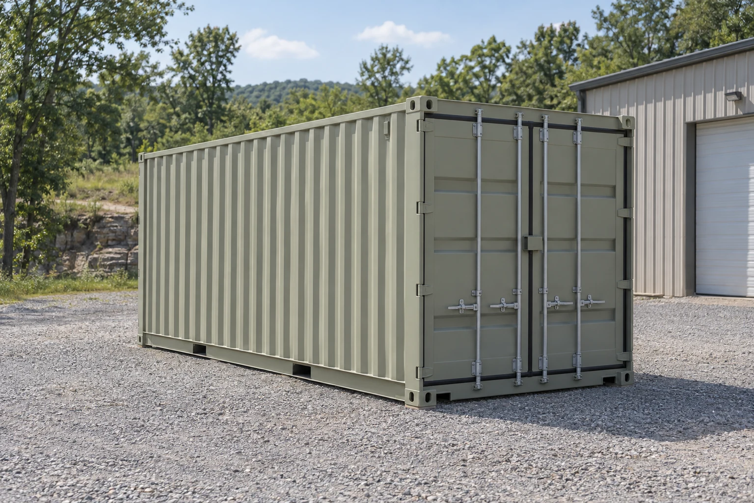 Photorealistic illustration of one clean 20ft shipping container on a prepared commercial pad in a fictional setting inspired by Little Rock, Arkansas.