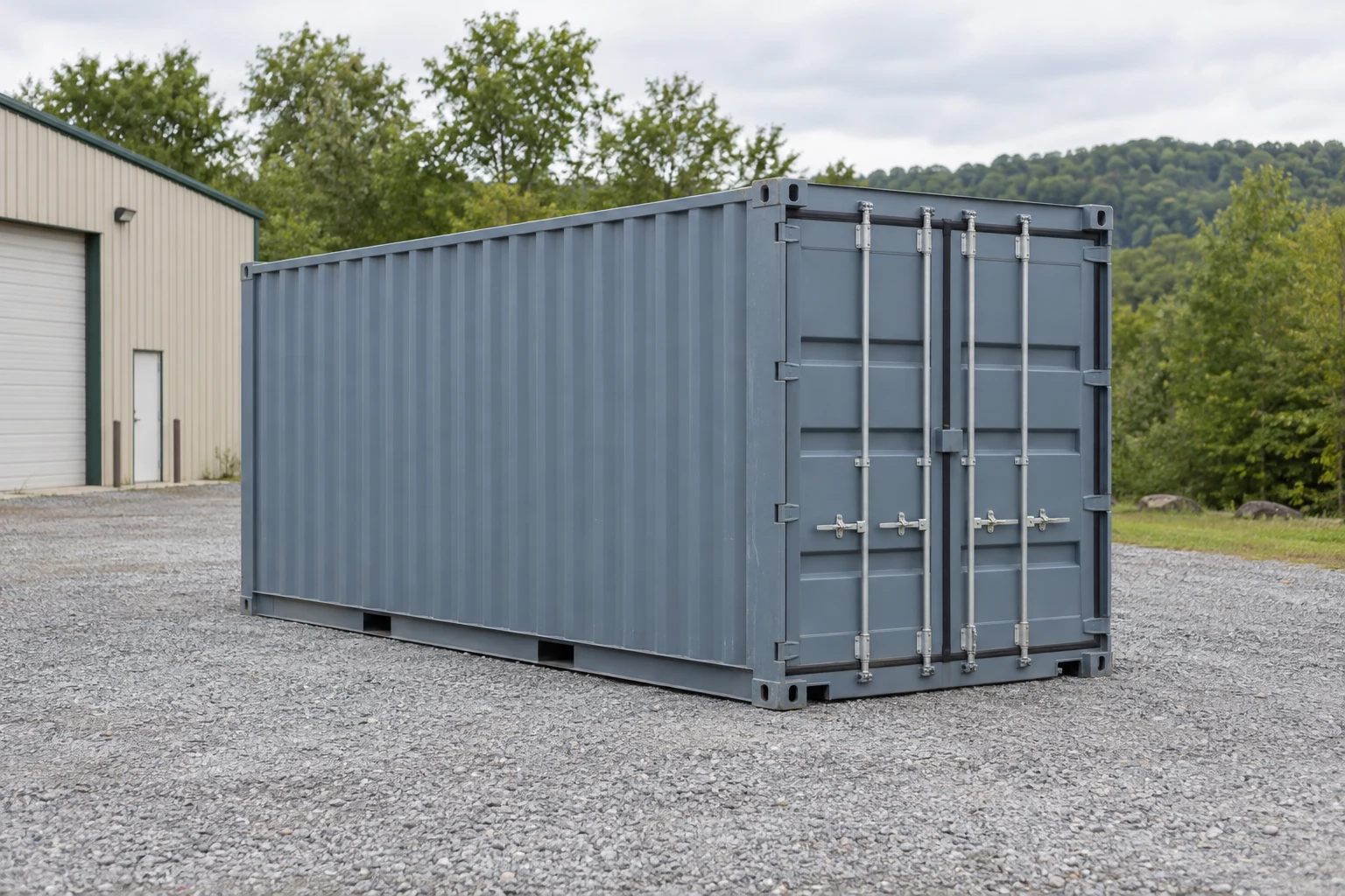 Photorealistic illustration of one clean 20ft shipping container on a prepared commercial pad in a fictional setting inspired by Arkansas.
