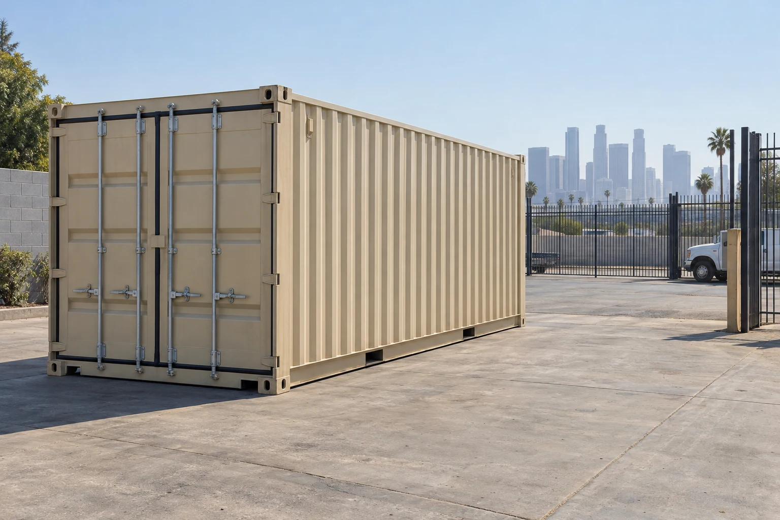 Illustration of a container and its door access in a fenced commercial yard.