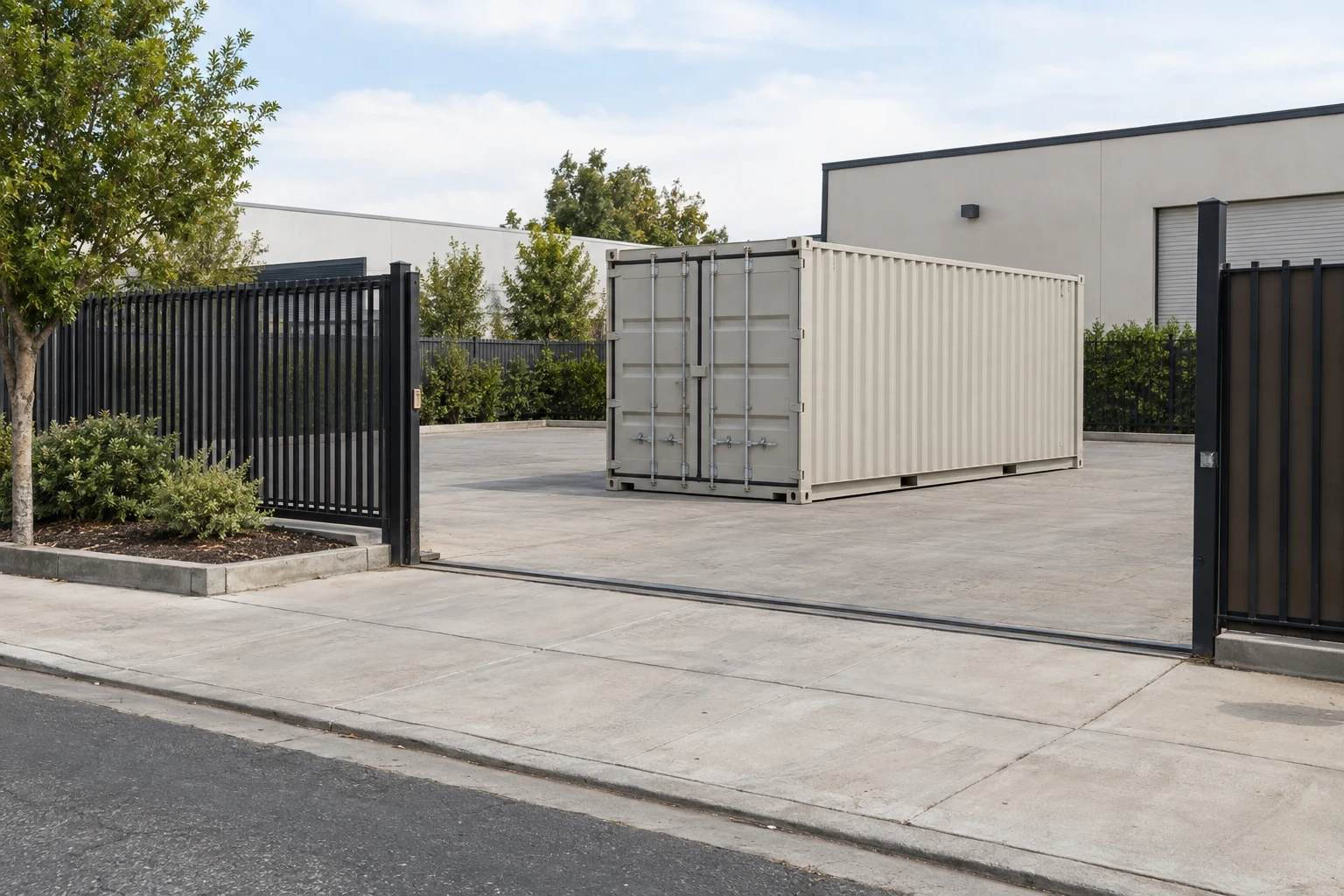 Illustration of a container inside a private yard with the street and sidewalk visible.