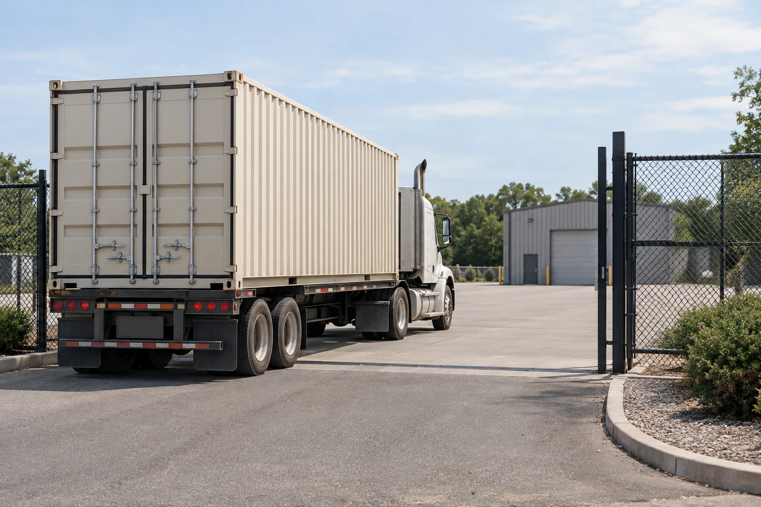 Illustration of a container truck entering a commercial yard through an open gate.