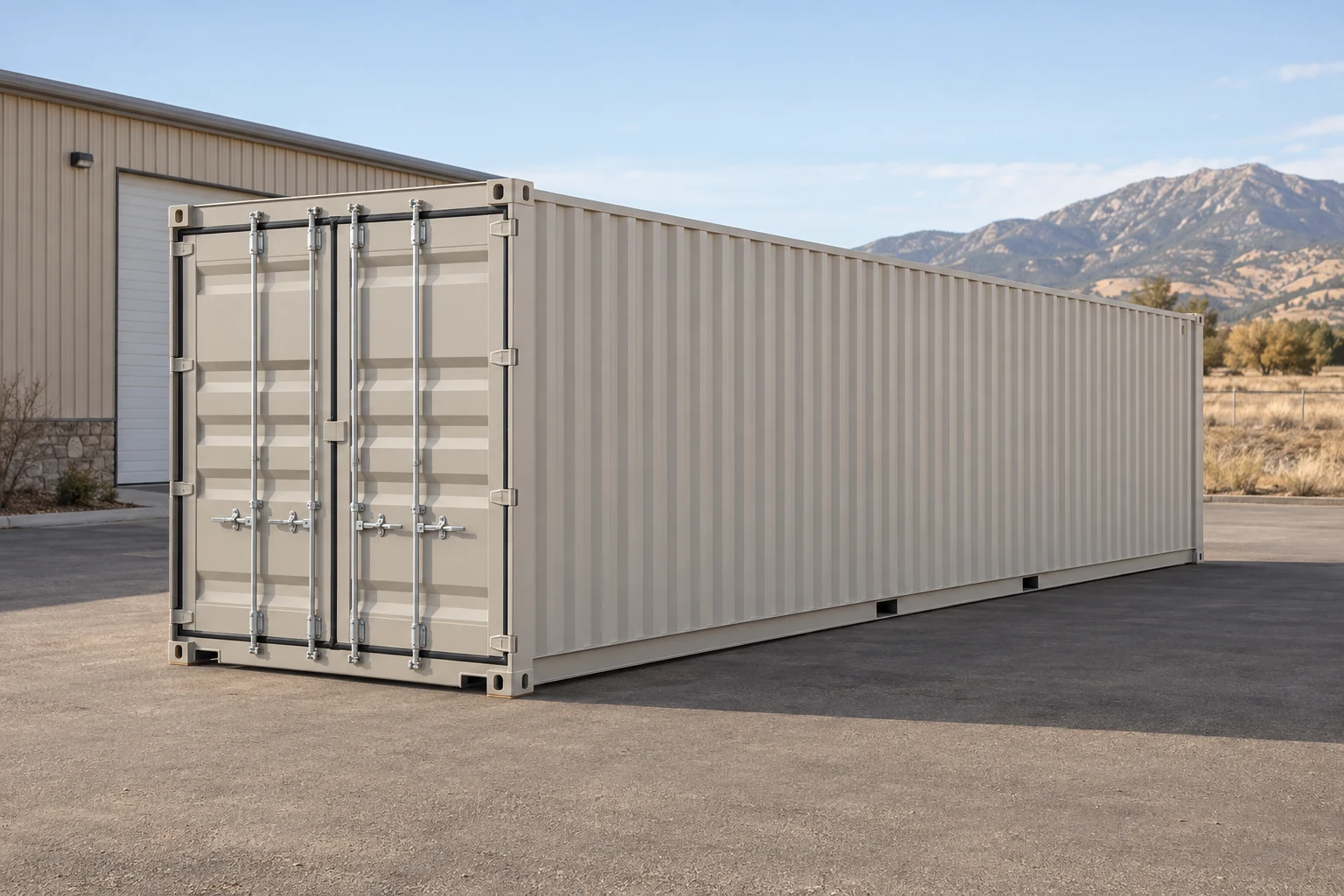Photorealistic illustration of one clean 40ft shipping container on a prepared commercial pad in a fictional setting inspired by Colorado Springs, Colorado.